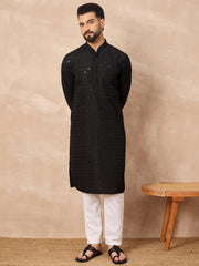 Ethnic Bay Men Black Viscose Rayon Solid Embroidered Straight Kurta-MKU1224