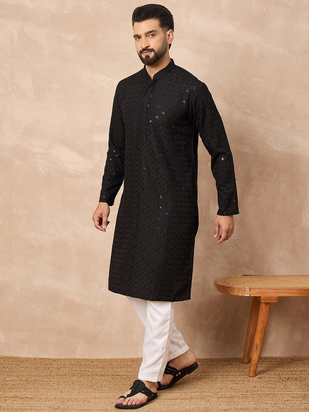Ethnic Bay Men Black Viscose Rayon Solid Embroidered Straight Kurta-MKU1224