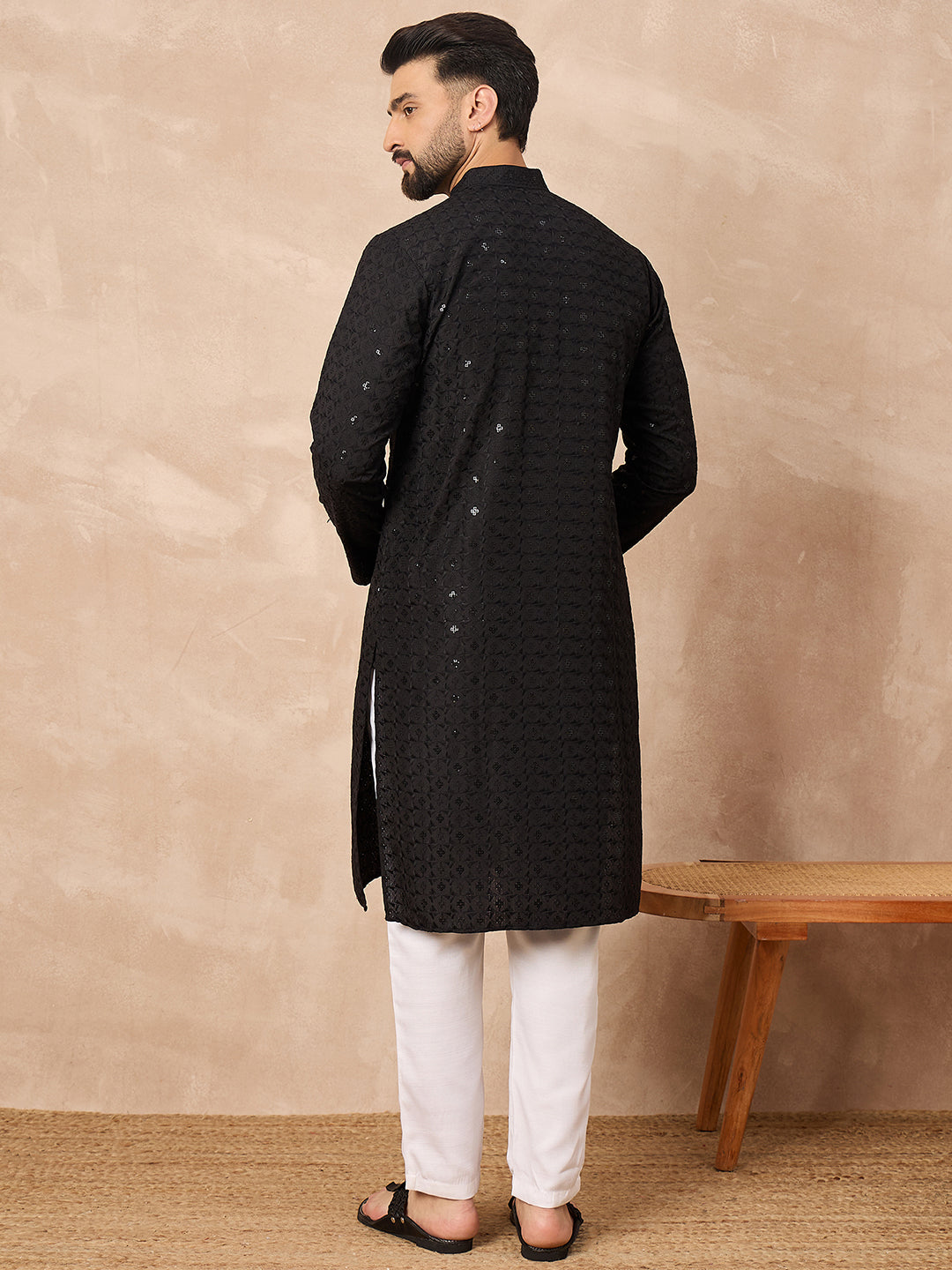 Ethnic Bay Men Black Viscose Rayon Solid Embroidered Straight Kurta-MKU1224