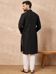 Ethnic Bay Men Black Viscose Rayon Solid Embroidered Straight Kurta-MKU1224