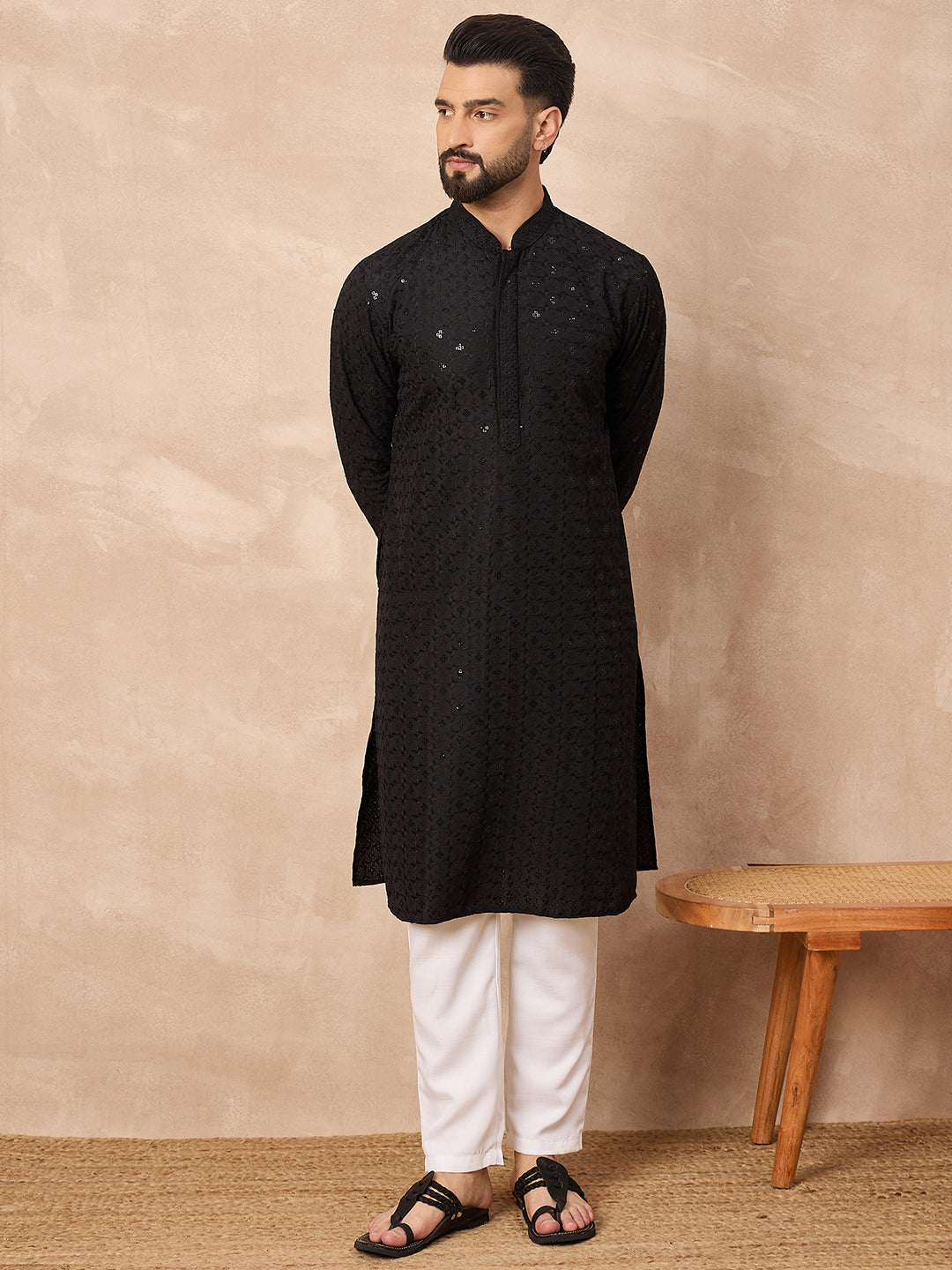 Ethnic Bay Men Black Viscose Rayon Solid Embroidered Straight Kurta-MKU1224