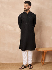 Ethnic Bay Men Black Viscose Rayon Solid Embroidered Straight Kurta-MKU1224
