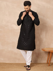Ethnic Bay Men Black Viscose Rayon Solid Embroidered Straight Kurta-MKU1224