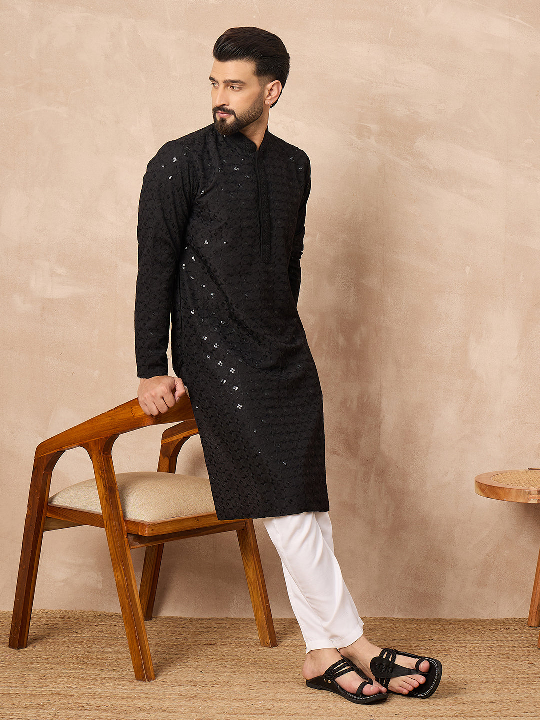 Ethnic Bay Men Black Viscose Rayon Solid Embroidered Straight Kurta-MKU1224