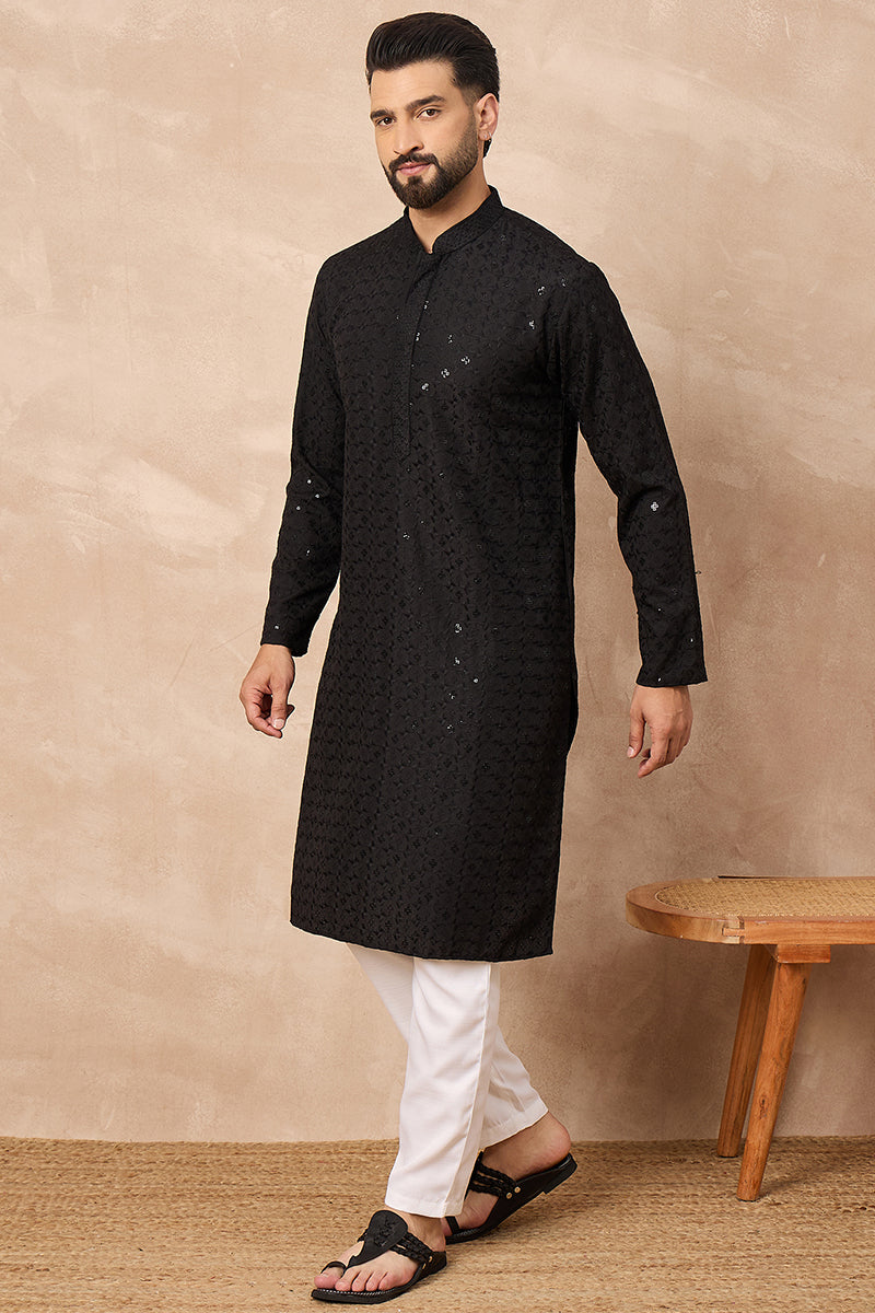 Black Viscose Rayon Solid Embroidered Straight Kurta HOPMKU1224 | Desi