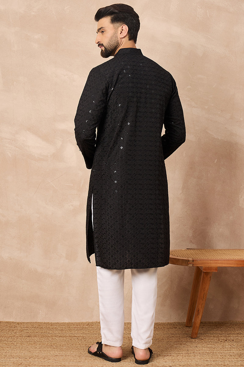 Black Viscose Rayon Solid Embroidered Straight Kurta HOPMKU1224 | Desi