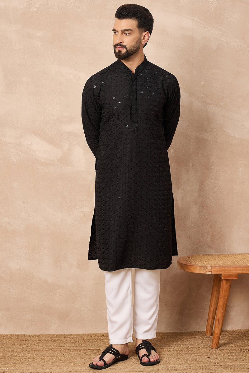 Black Viscose Rayon Solid Embroidered Straight Kurta HOPMKU1224 | Desi