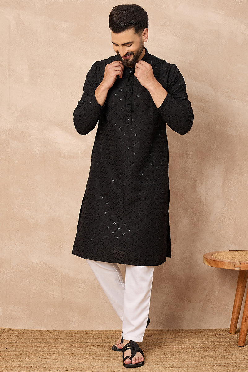 Black Viscose Rayon Solid Embroidered Straight Kurta HOPMKU1224 | Desi
