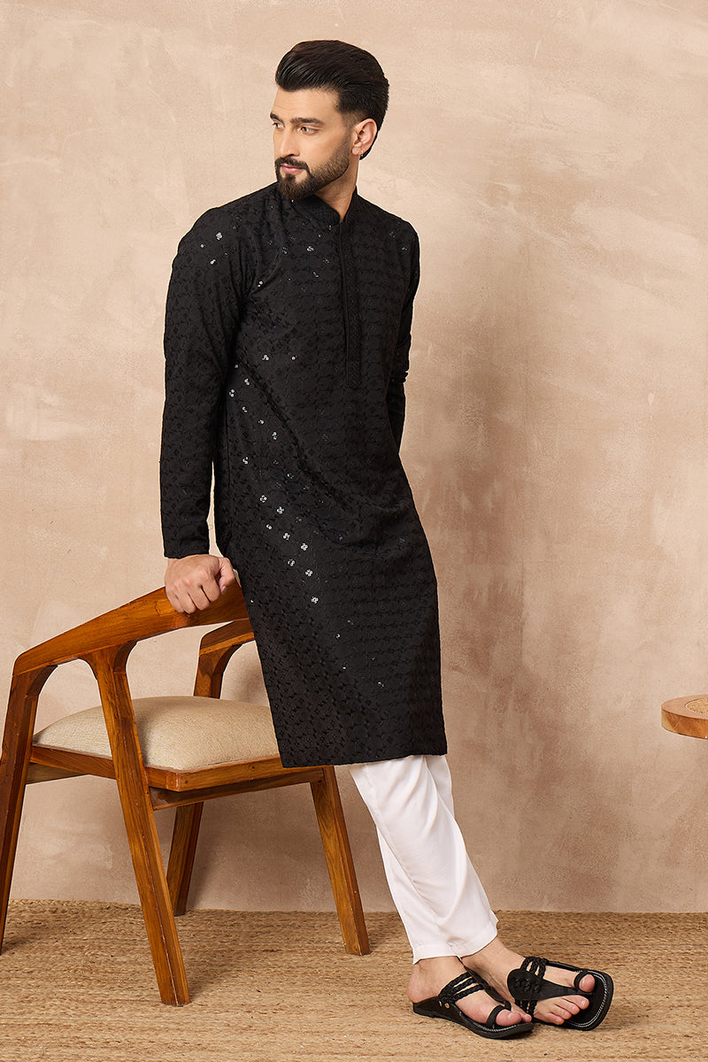 Black Viscose Rayon Solid Embroidered Straight Kurta HOPMKU1224 | Desi