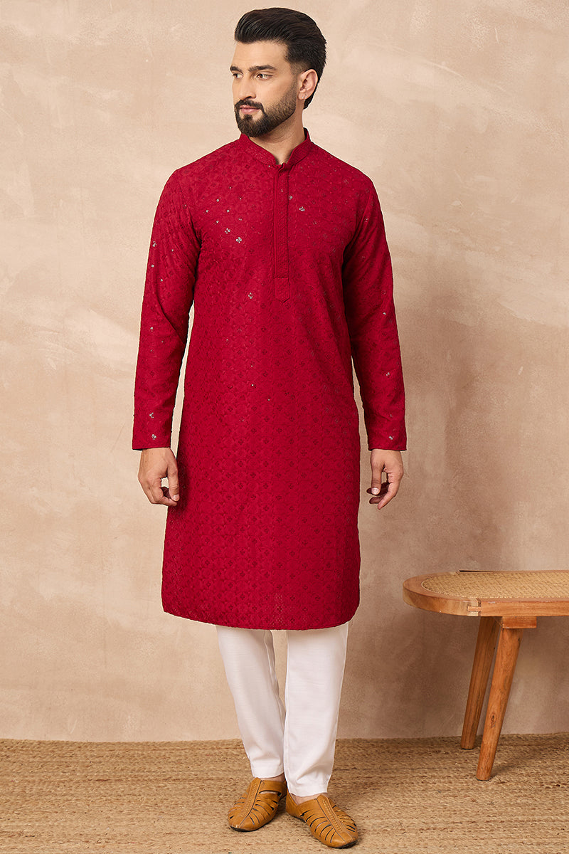 Maroon Viscose Rayon Solid Embroidered Straight Kurta HOPMKU1226 | Des