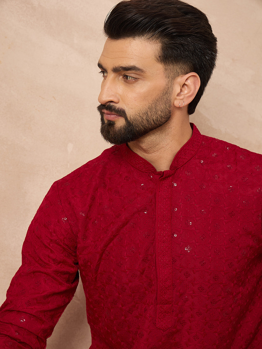 Ethnic Bay Men Maroon Viscose Rayon Solid Embroidered Straight Kurta-MKU1226