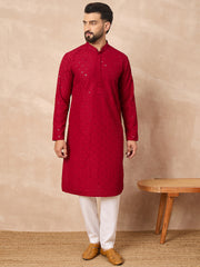 Ethnic Bay Men Maroon Viscose Rayon Solid Embroidered Straight Kurta-MKU1226