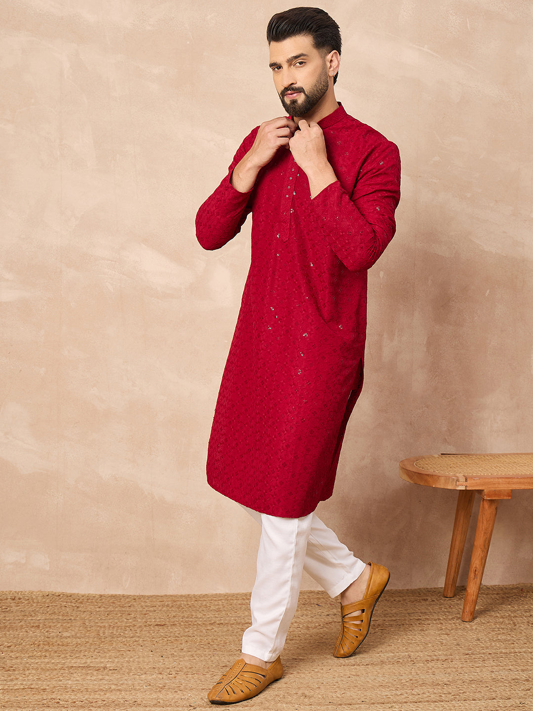 Ethnic Bay Men Maroon Viscose Rayon Solid Embroidered Straight Kurta-MKU1226