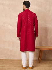 Ethnic Bay Men Maroon Viscose Rayon Solid Embroidered Straight Kurta-MKU1226