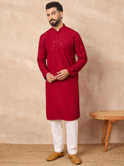 Ethnic Bay Men Maroon Viscose Rayon Solid Embroidered Straight Kurta-MKU1226
