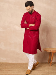 Ethnic Bay Men Maroon Viscose Rayon Solid Embroidered Straight Kurta-MKU1226