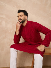 Ethnic Bay Men Maroon Viscose Rayon Solid Embroidered Straight Kurta-MKU1226