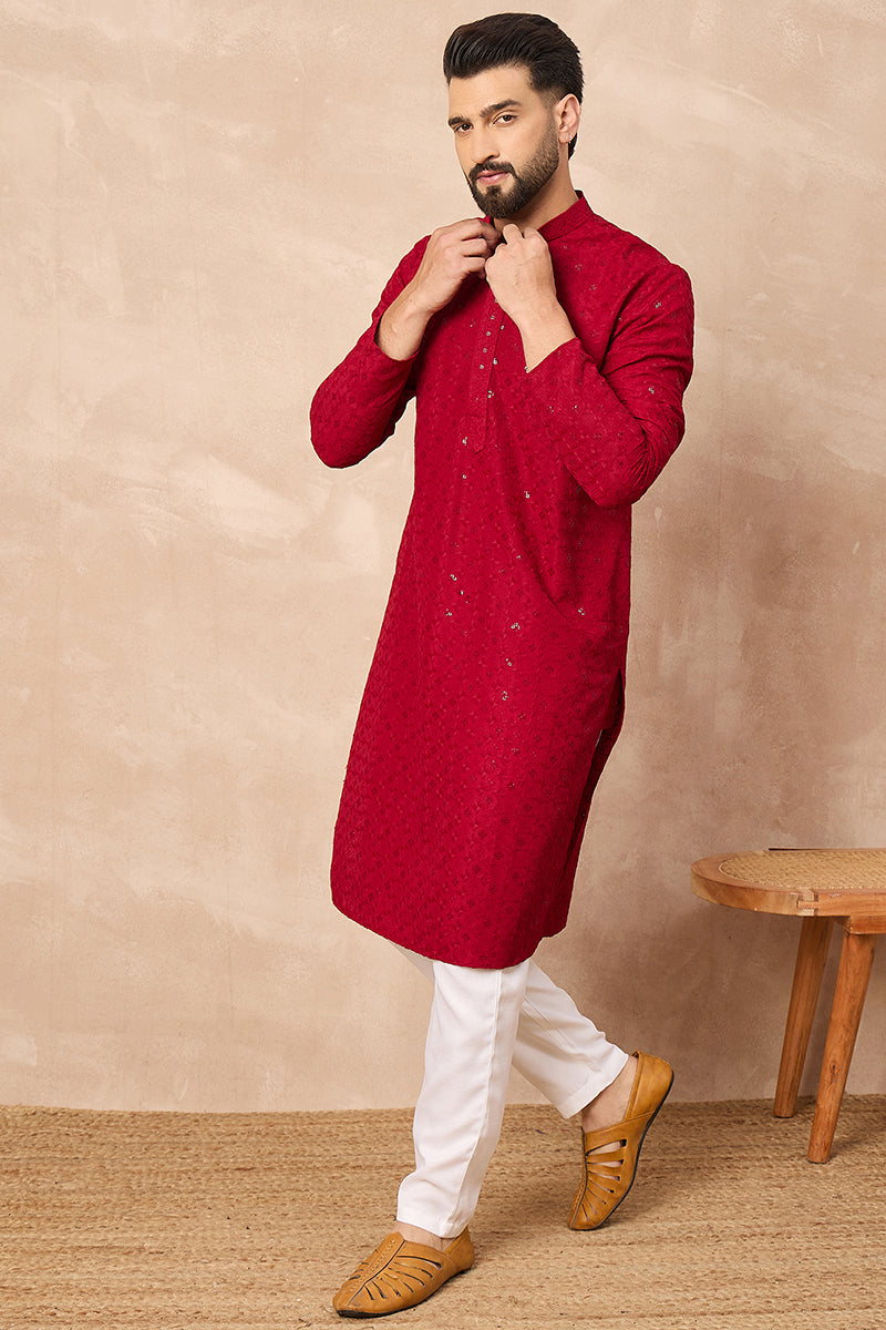 Maroon Viscose Rayon Solid Embroidered Straight Kurta HOPMKU1226 | Des