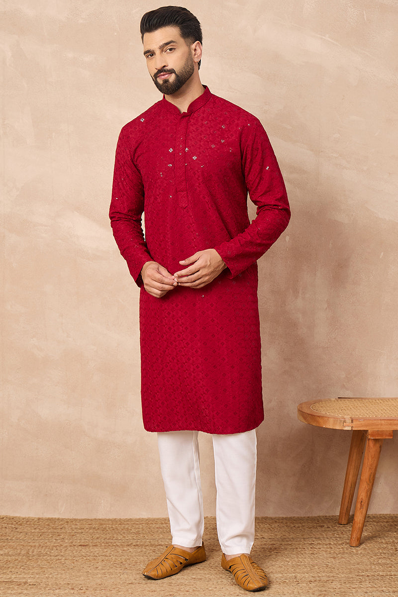 Maroon Viscose Rayon Solid Embroidered Straight Kurta HOPMKU1226 | Des
