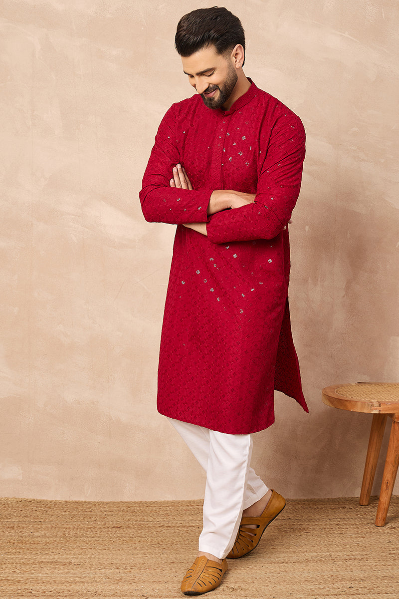 Maroon Viscose Rayon Solid Embroidered Straight Kurta HOPMKU1226 | Des