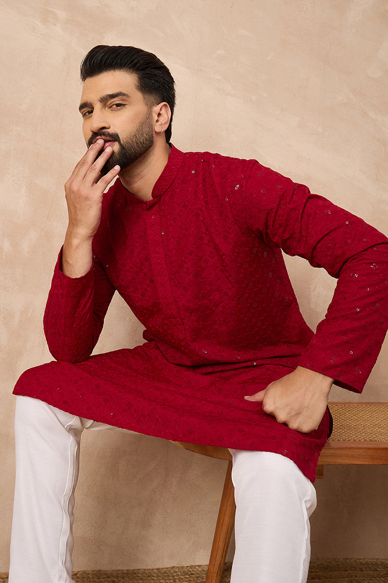Maroon Viscose Rayon Solid Embroidered Straight Kurta HOPMKU1226 | Des