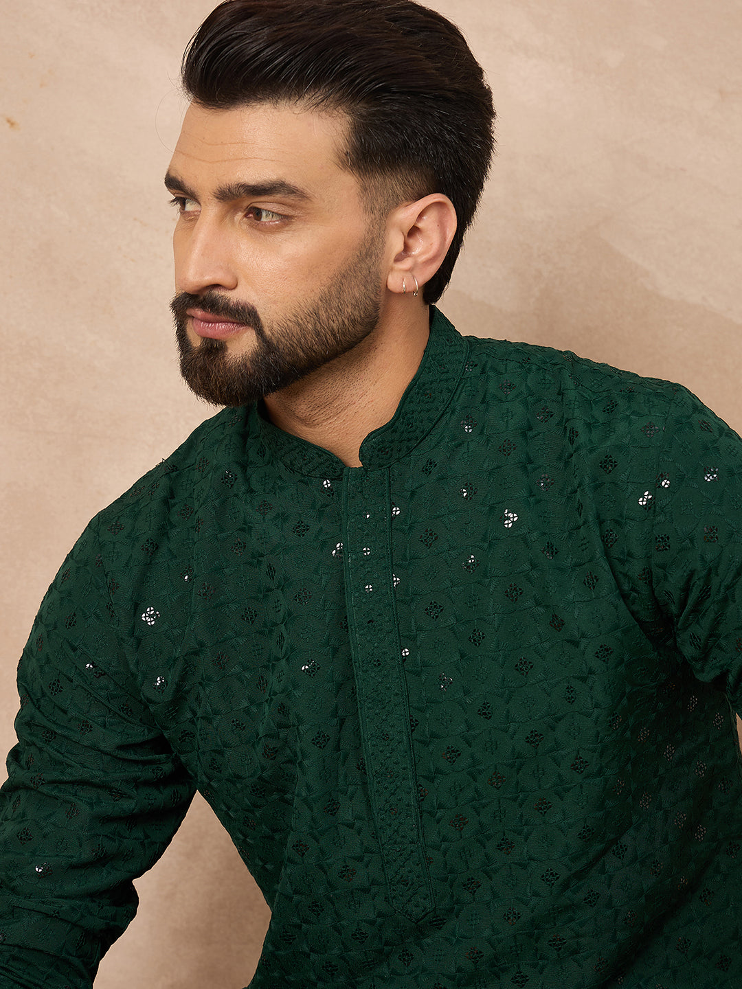 Ethnic Bay Men Green Viscose Rayon Solid Embroidered Straight Kurta-MKU1227