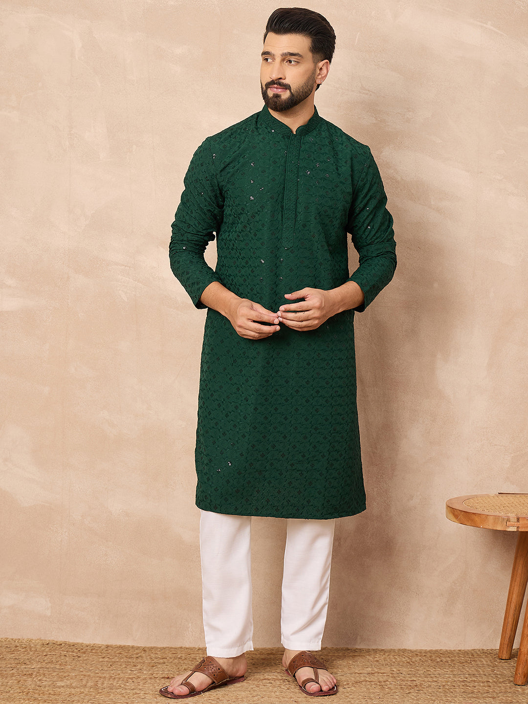 Ethnic Bay Men Green Viscose Rayon Solid Embroidered Straight Kurta-MKU1227