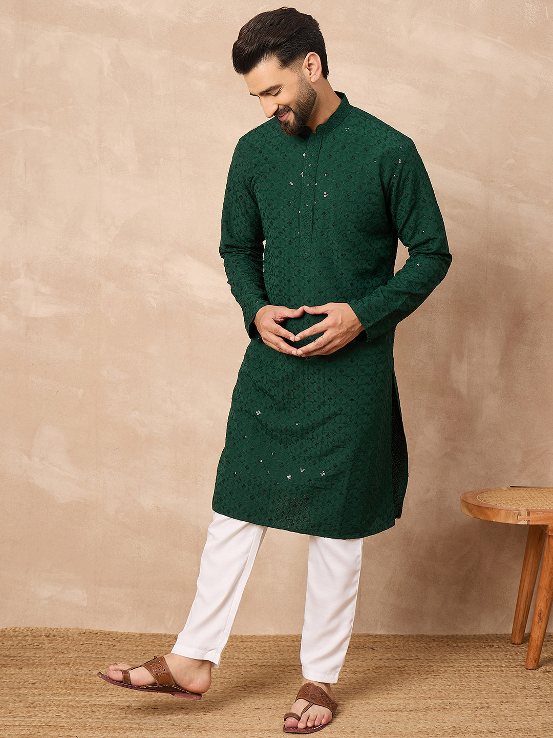 Ethnic Bay Men Green Viscose Rayon Solid Embroidered Straight Kurta-MKU1227