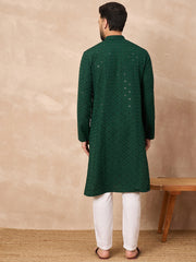 Ethnic Bay Men Green Viscose Rayon Solid Embroidered Straight Kurta-MKU1227