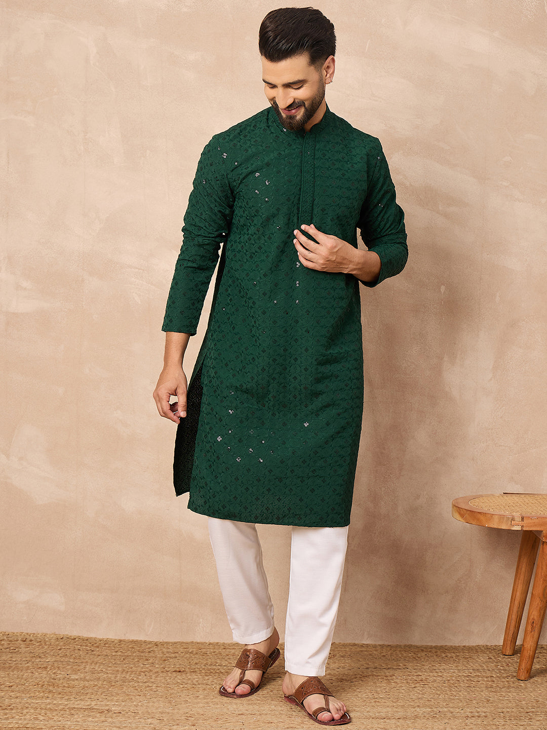 Ethnic Bay Men Green Viscose Rayon Solid Embroidered Straight Kurta-MKU1227