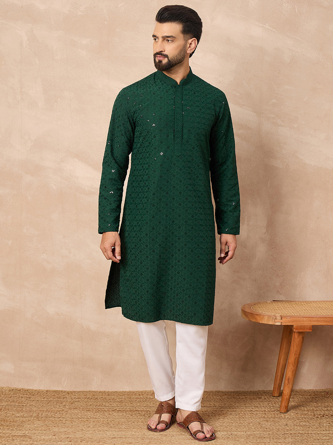 Ethnic Bay Men Green Viscose Rayon Solid Embroidered Straight Kurta-MKU1227