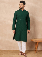 Ethnic Bay Men Green Viscose Rayon Solid Embroidered Straight Kurta-MKU1227
