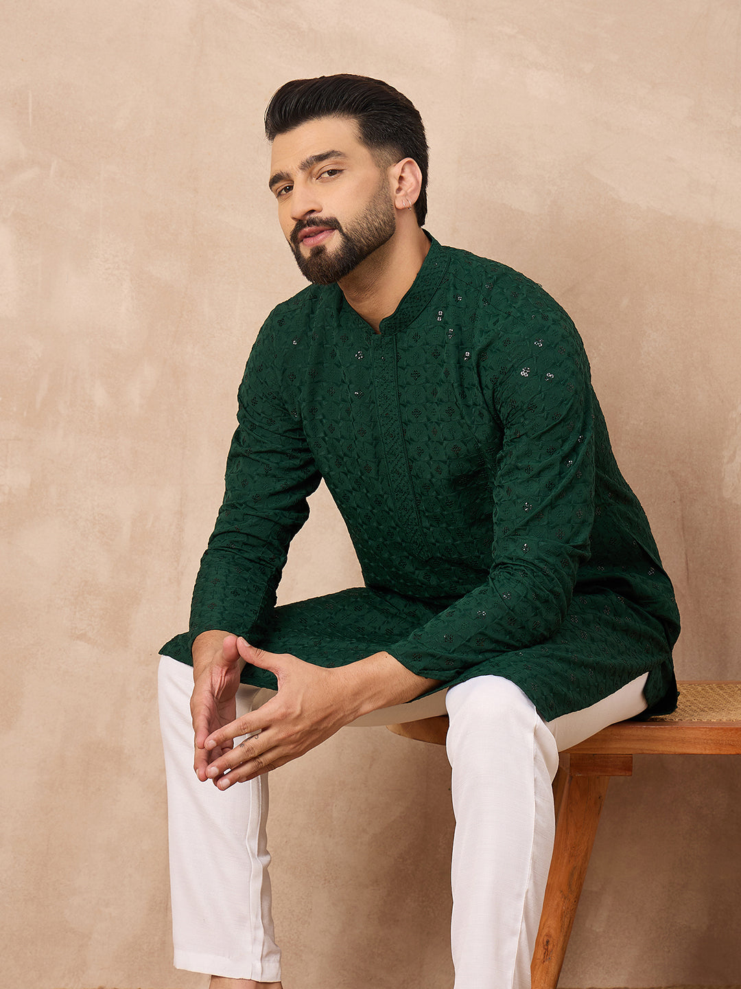Ethnic Bay Men Green Viscose Rayon Solid Embroidered Straight Kurta-MKU1227