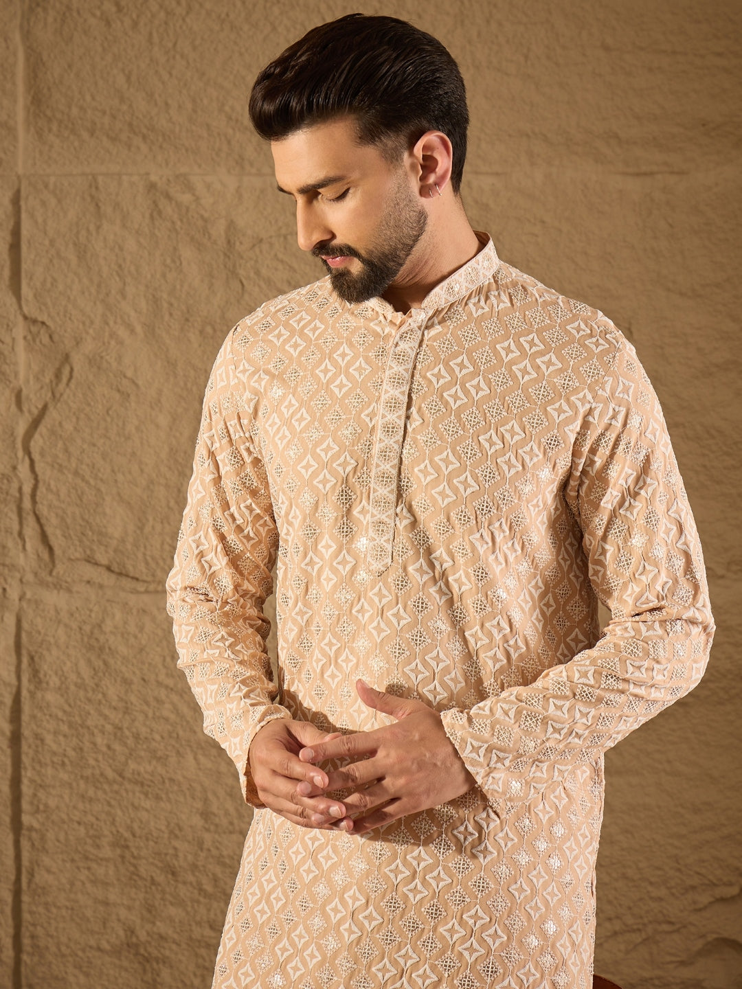 Ethnic Bay Men Beige Viscose Rayon Solid Embroidered Straight Kurta-MKU1235