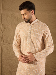 Ethnic Bay Men Beige Viscose Rayon Solid Embroidered Straight Kurta-MKU1235