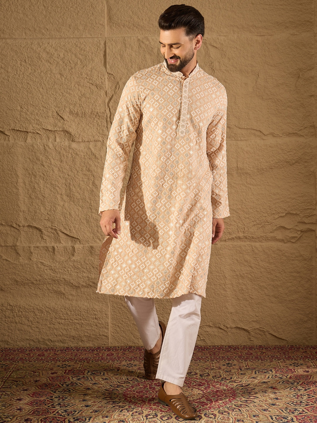 Ethnic Bay Men Beige Viscose Rayon Solid Embroidered Straight Kurta-MKU1235