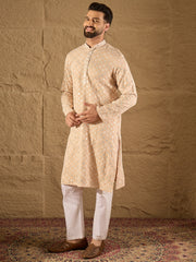 Ethnic Bay Men Beige Viscose Rayon Solid Embroidered Straight Kurta-MKU1235