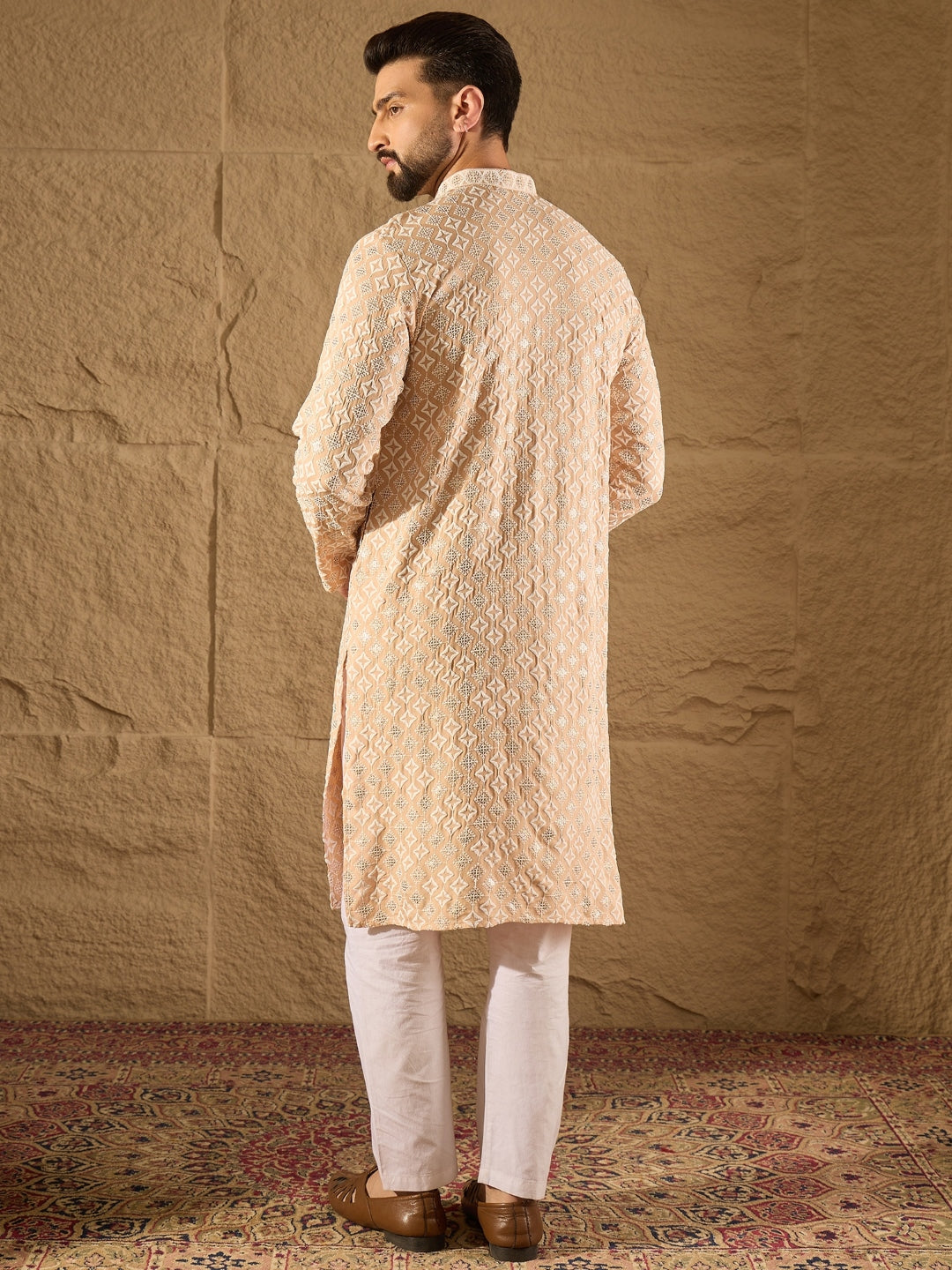 Ethnic Bay Men Beige Viscose Rayon Solid Embroidered Straight Kurta-MKU1235