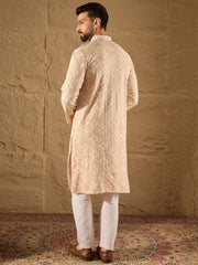 Ethnic Bay Men Beige Viscose Rayon Solid Embroidered Straight Kurta-MKU1235