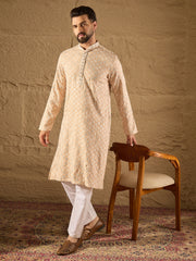 Ethnic Bay Men Beige Viscose Rayon Solid Embroidered Straight Kurta-MKU1235