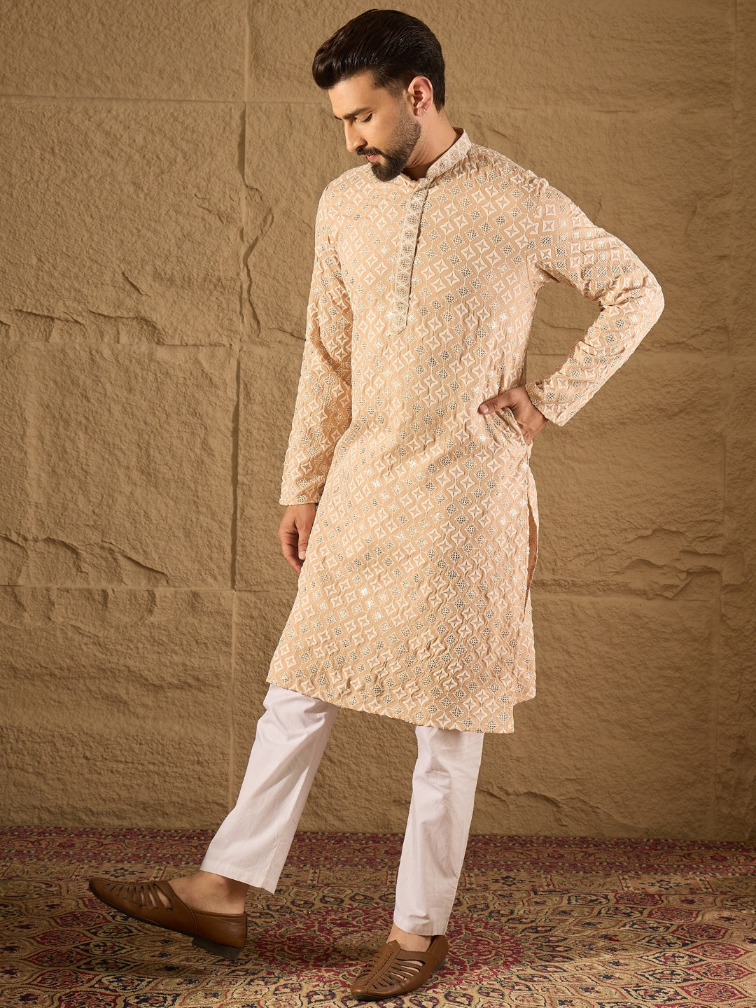 Ethnic Bay Men Beige Viscose Rayon Solid Embroidered Straight Kurta-MKU1235