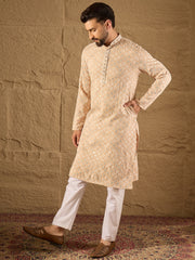 Ethnic Bay Men Beige Viscose Rayon Solid Embroidered Straight Kurta-MKU1235