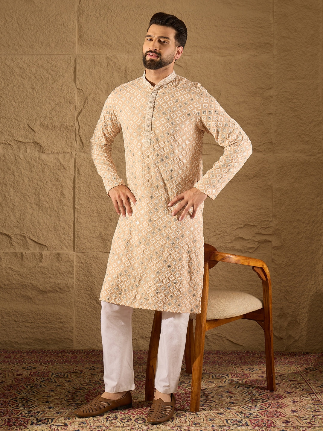 Ethnic Bay Men Beige Viscose Rayon Solid Embroidered Straight Kurta-MKU1235