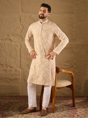 Ethnic Bay Men Beige Viscose Rayon Solid Embroidered Straight Kurta-MKU1235