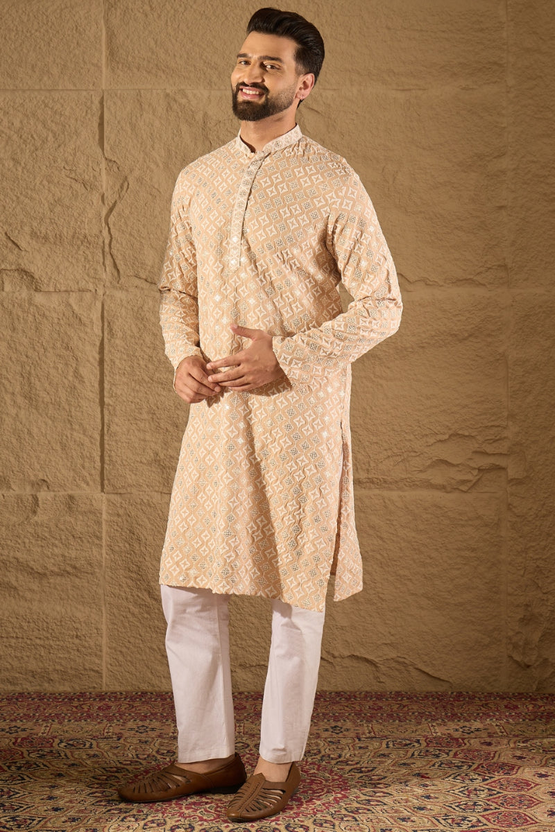 Beige Viscose Rayon Solid Embroidered Straight Kurta HOPMKU1235 | Desi