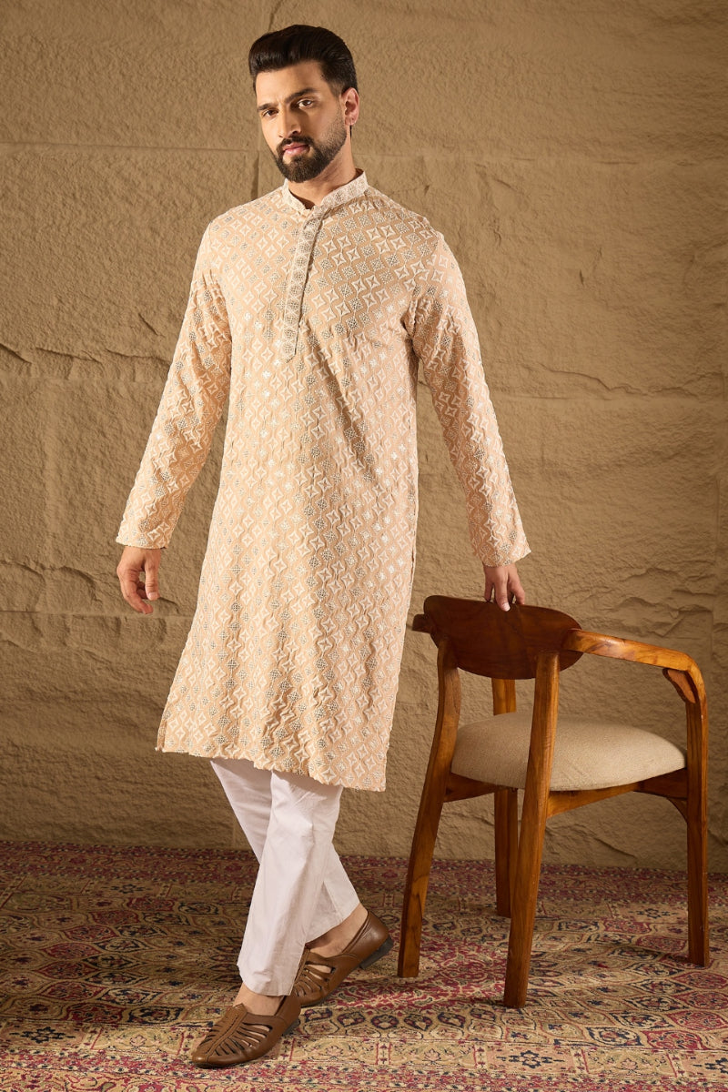 Beige Viscose Rayon Solid Embroidered Straight Kurta HOPMKU1235 | Desi
