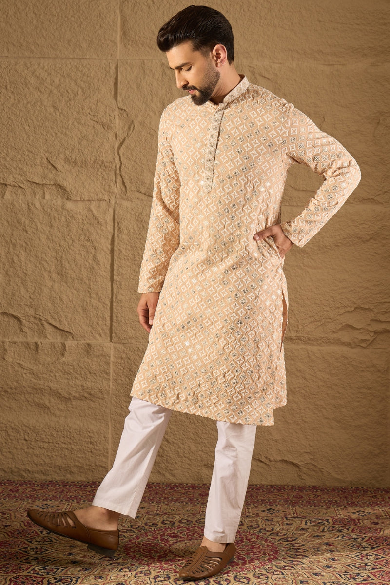 Beige Viscose Rayon Solid Embroidered Straight Kurta HOPMKU1235 | Desi