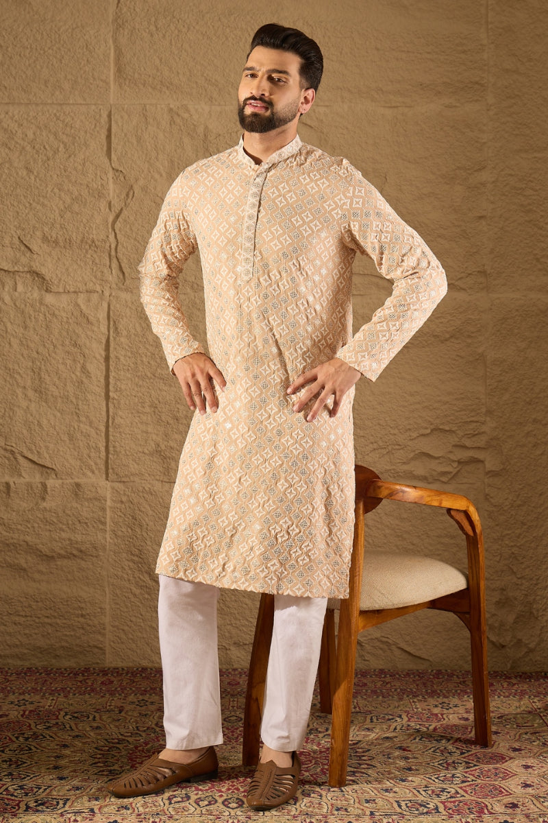 Beige Viscose Rayon Solid Embroidered Straight Kurta HOPMKU1235 | Desi
