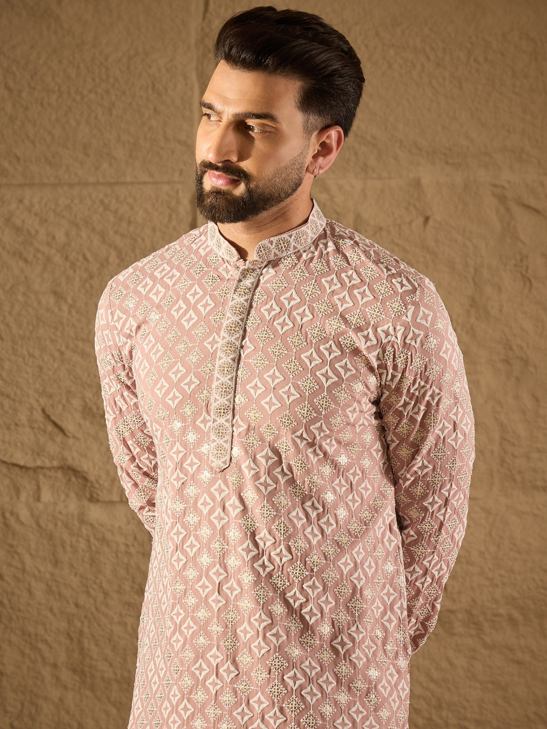 Ethnic Bay Men Pink Viscose Rayon Solid Embroidered Straight Kurta-MKU1236