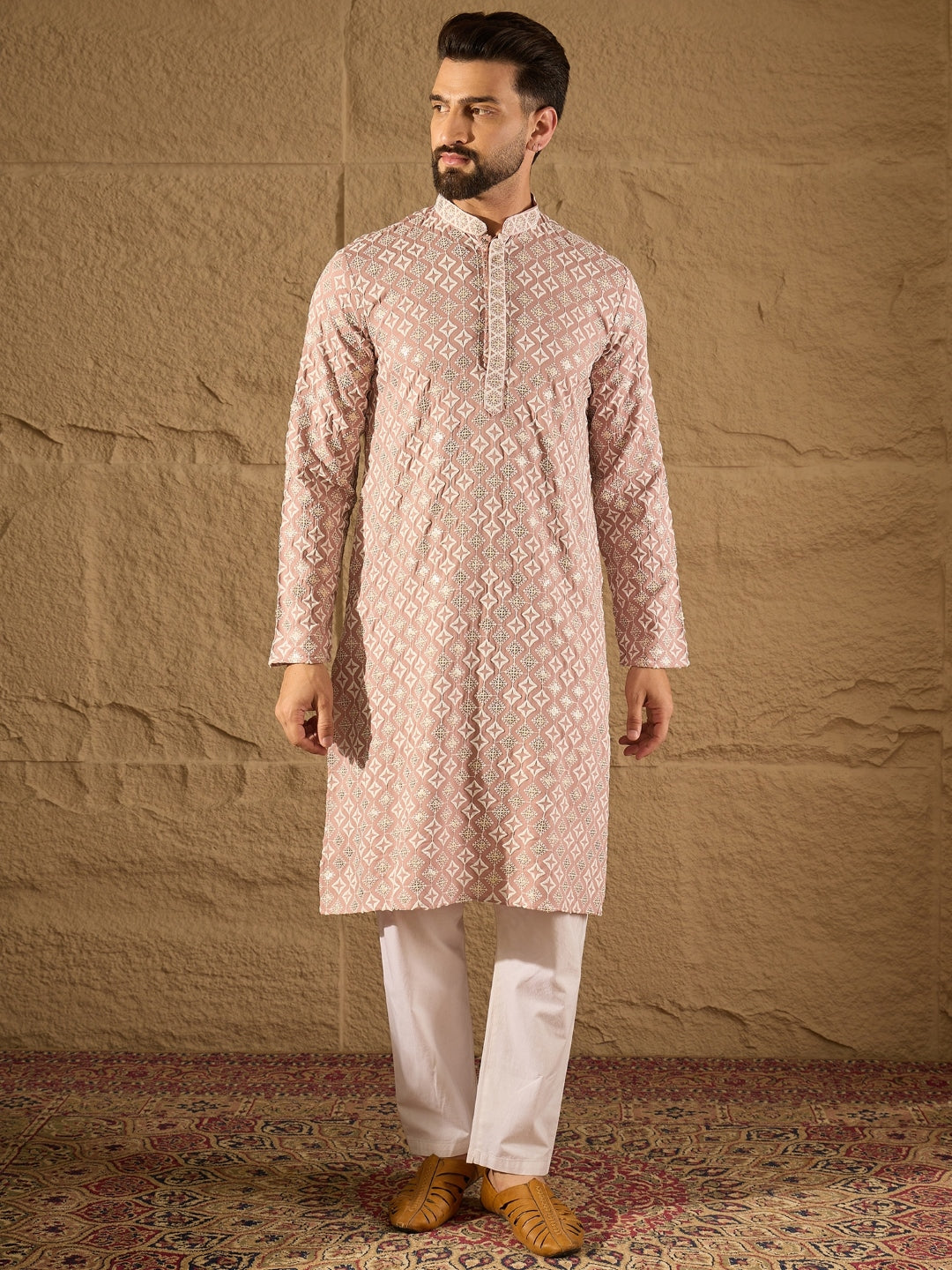 Ethnic Bay Men Pink Viscose Rayon Solid Embroidered Straight Kurta-MKU1236